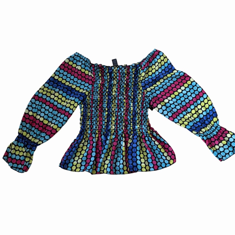 Ashley Stewart Sz 14/16 Multicolor Polka Dot Off-Shoulder Blouse Bell Sleeves - Picture 2 of 4